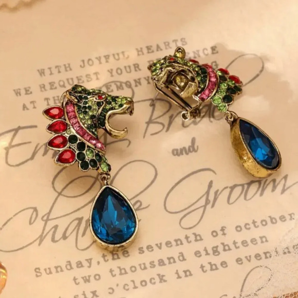 Gold Plated Multi colour rhinestone Lion statement earrings - NEW - Picture 3 of 3